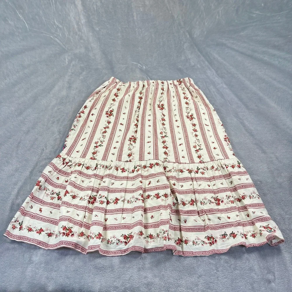 Joie Floral Tiered Midi Skirt L Cream Red Linen Boho Cottagecore Prairie Peasant - Picture 5 of 8